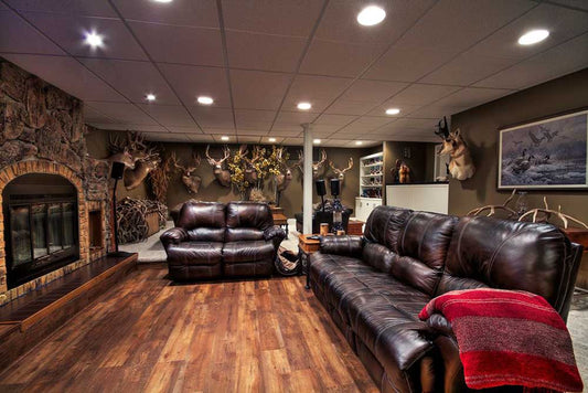 man cave with leather sofas
