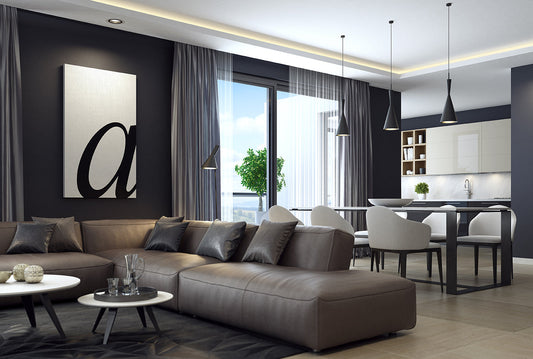 Modern luxury black style apartment with leather sofa.
