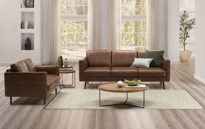 Sleek brown leather couches in transitional modern living room
