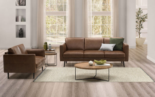 Sleek brown leather couches in transitional modern living room