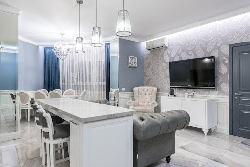 Leather seating in white dining area